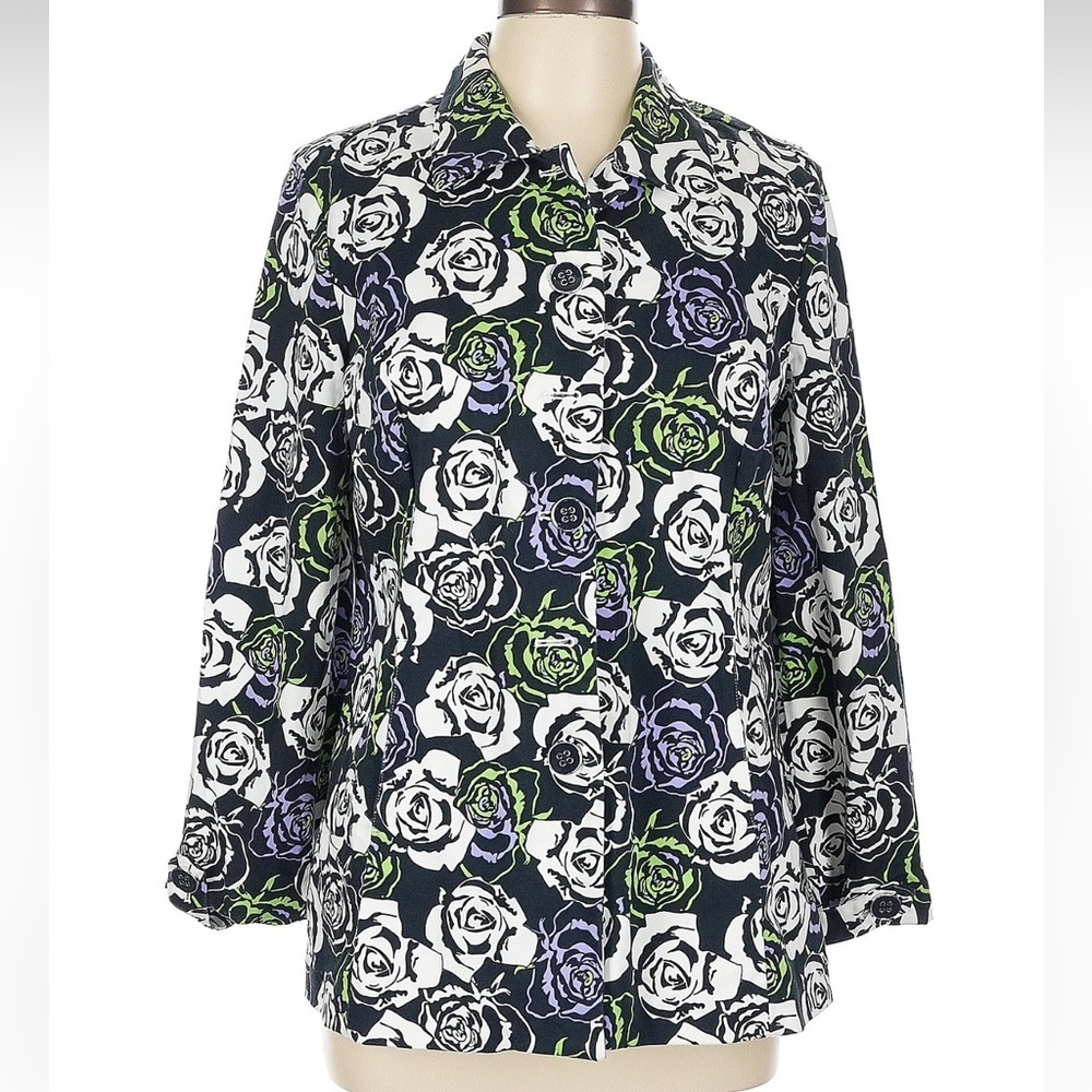 Christopher & Banks Stretch Roses Floral Button Down Blazer Jacket Size Large L